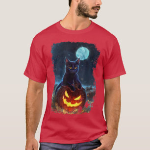 Zwarte kat op pompoen, volle maan halloween kostuu t-shirt