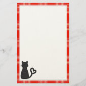 Zwarte kat op rode speldenkplaat briefpapier (Voorkant)