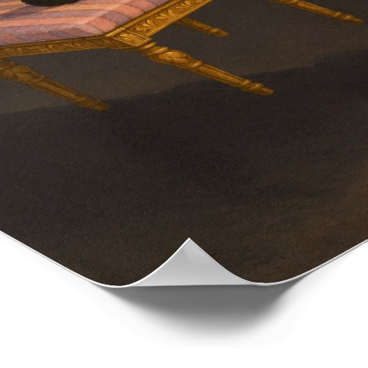 Zwarte kat op roze gestreepte kruk Art Print (Hoek)