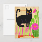 Zwarte Kat op Roze Gestreepte Zadelbloemen Briefkaart (Voorkant / Achterkant)