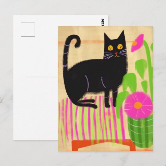 Zwarte Kat op Roze Gestreepte Zadelbloemen Briefkaart (Voorkant / Achterkant)
