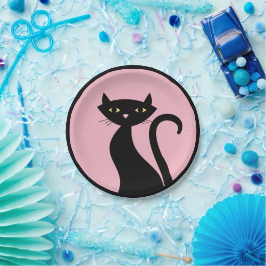 Zwarte kat op roze papieren bordje (Feest)