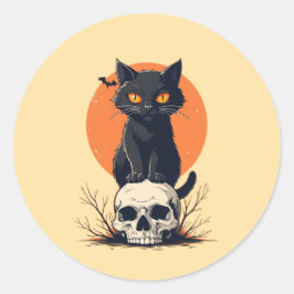 Zwarte kat op schedel Halloween Ronde Sticker
