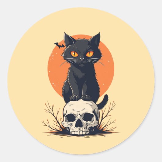Zwarte kat op schedel Halloween Ronde Sticker (Voorkant)