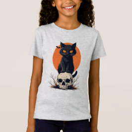 Zwarte Kat op Schedel Halloween T-shirt