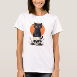 Zwarte kat op schedel Halloween T-shirt