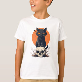 Zwarte Kat op Schedel Halloween T-shirt