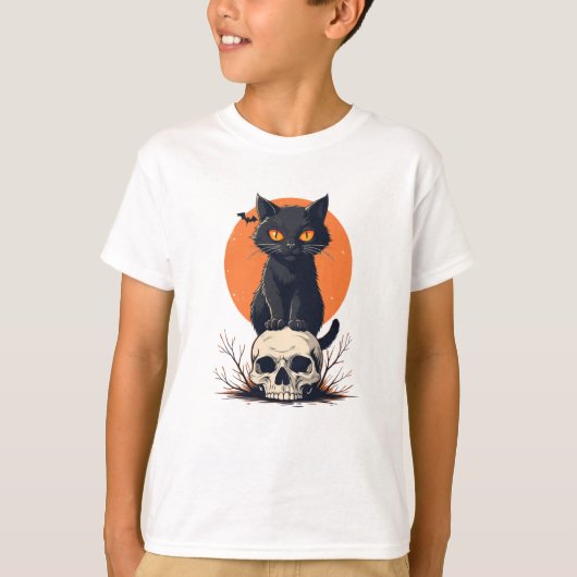 Zwarte Kat op Schedel Halloween T-shirt (Voorkant)