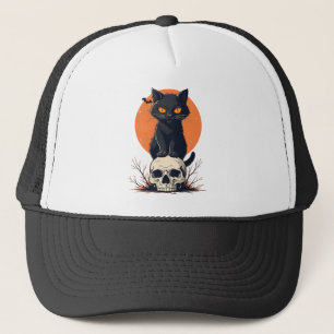 Zwarte Kat op Schedel Halloween Trucker Pet