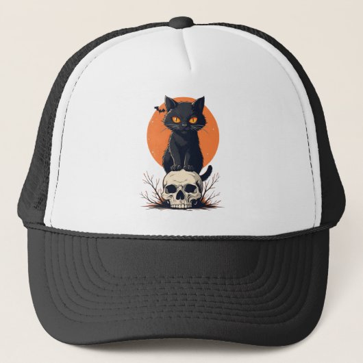 Zwarte Kat op Schedel Halloween Trucker Pet (Voorkant)