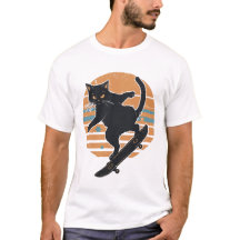 Zwarte kat op skateboard Retro 80s zonsondergang G