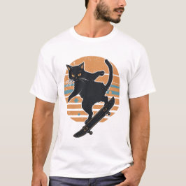 Zwarte kat op skateboard Retro 80s zonsondergang G T-shirt