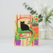 Zwarte Kat op Stoel  Bloemen Schilderen Briefkaart (Staand voorkant)