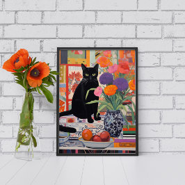 Zwarte Kat op tafel met boeken bloemen fruit Poster