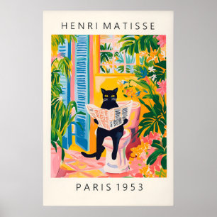 Zwarte kat op toilet Mattise-stijl badkamerprint Poster
