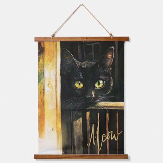 Zwarte kat op veranda met houten tapijt wandkunst hangend wandkleed (Voorkant)