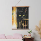 Zwarte kat op veranda met houten tapijt wandkunst hangend wandkleed (Slaapkamer)