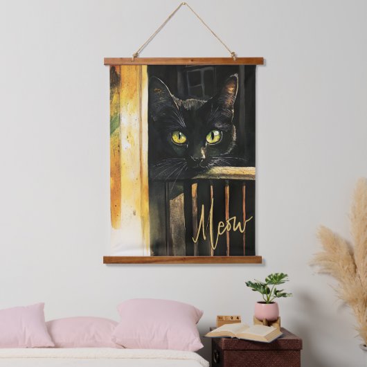 Zwarte kat op veranda met houten tapijt wandkunst hangend wandkleed (Slaapkamer)