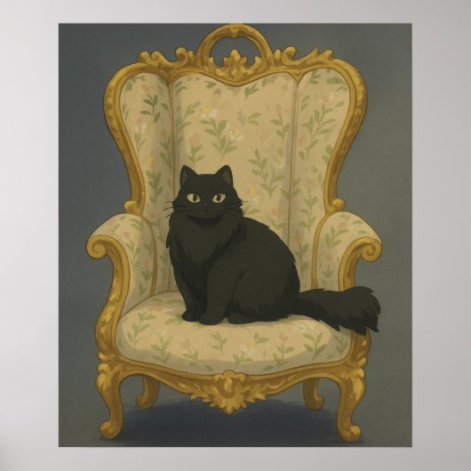 Zwarte Kat op Versierde Stoel – Elegant Gothisch H Poster (Voorkant)