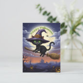 Zwarte kat op vliegende bezem feestdagenkaart (Staand voorkant)