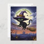 Zwarte kat op vliegende bezem feestdagenkaart (Voorkant / Achterkant)