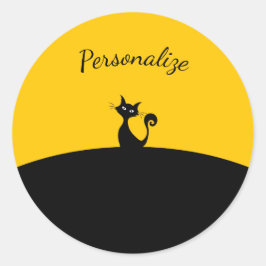 Zwarte kat op zwart en geel persoonlijk ronde sticker