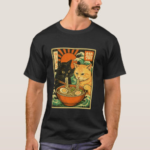 Zwarte Kat Oranje Kat Slurpende Ramen Japanse Kat T-shirt