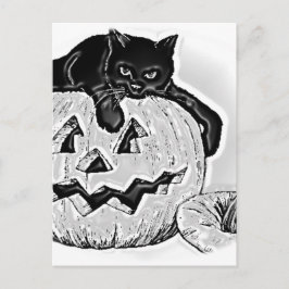 Zwarte kat Oranje Pompoen Halloween Briefkaart