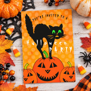 Zwarte Kat Oranje Pompoenen Halloween Feest Uitnodiging Briefkaart