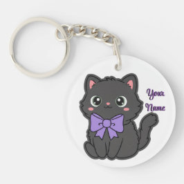 Zwarte Kat Paarse Boog Cute Kawaii Aangepast Sleutelhanger