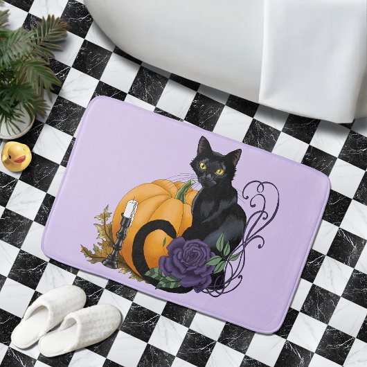 Zwarte Kat Paarse Roos Pompoen Herfst Badmat
