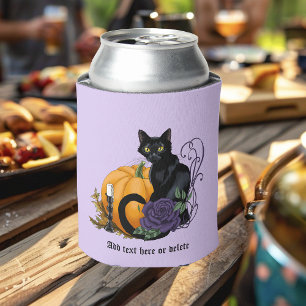 Zwarte Kat Paarse Roos Pompoen Herfst Blikjeskoeler