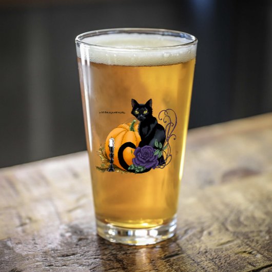 Zwarte Kat Paarse Roos Pompoen Herfst Glas