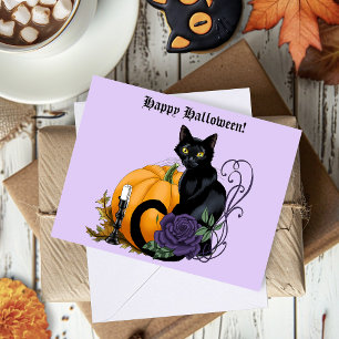 Zwarte Kat Paarse Roos Pompoen Herfst Kaart