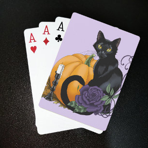 Zwarte Kat Paarse Roos Pompoen Herfst Pokerkaarten