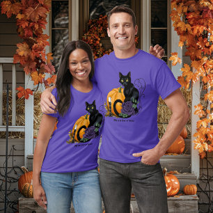 Zwarte Kat Paarse Roos Pompoen Herfst T-shirt
