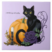 Zwarte Kat Paarse Roos Pompoen Herfst Tegeltje (Voorkant)