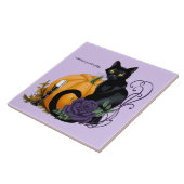 Zwarte Kat Paarse Roos Pompoen Herfst Tegeltje (Zijkant)