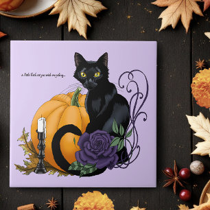 Zwarte Kat Paarse Roos Pompoen Herfst Tegeltje