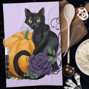 Zwarte Kat Paarse Roos Pompoen Herfst Theedoek
