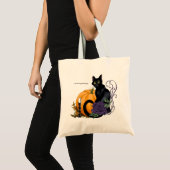 Zwarte Kat Paarse Roos Pompoen Herfst Tote Bag (Voorkant (product))