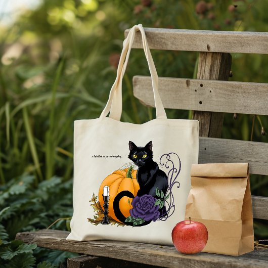 Zwarte Kat Paarse Roos Pompoen Herfst Tote Bag