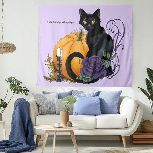 Zwarte Kat Paarse Roos Pompoen Herfst Wandkleed