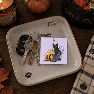 Zwarte Kat Paarse Roos Pompoen Pompoen Sleutelhanger