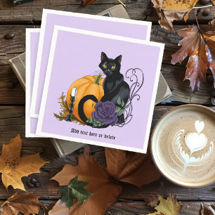 Zwarte Kat Paarse Rozen Pompoen Herfst Servet