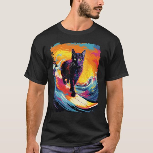 Zwarte Kat Paddle Board Surfen T-shirt (Voorkant)