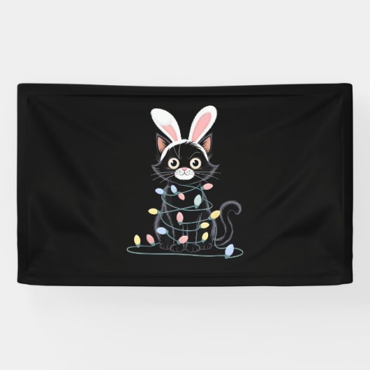Zwarte kat Pasen pyjama Grappige Pasen Decoraties  Spandoek (Horizontaal)