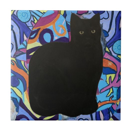 Zwarte kat Pet Vibe Maureen Girard Psychedelic Tegeltje (Voorkant)