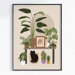 Zwarte Kat Plantenliefhebber Cozy Home Esthetiek M Poster