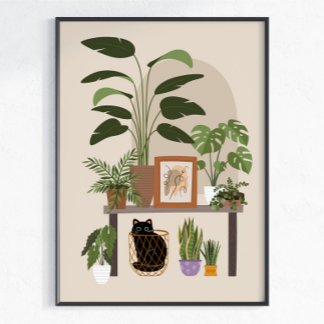 Zwarte Kat Plantenliefhebber Cozy Home Esthetiek M Poster